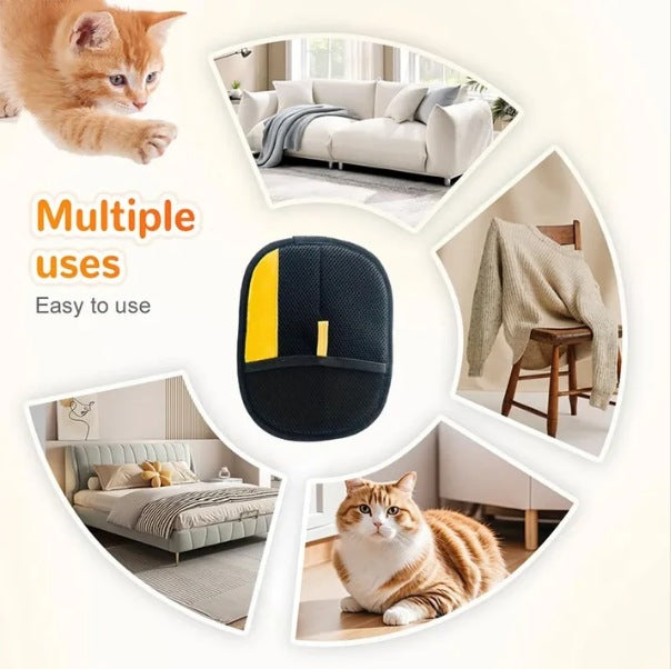The Furvia pet hair glove surrounded by the places it works: sofas, bedding, chairs, clothing and pets