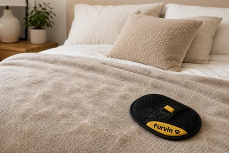 Furvia glove on a bed throw covered in pet hair