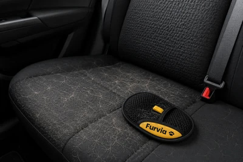 Furvia glove on a dark fabric car seat covered in pet hair