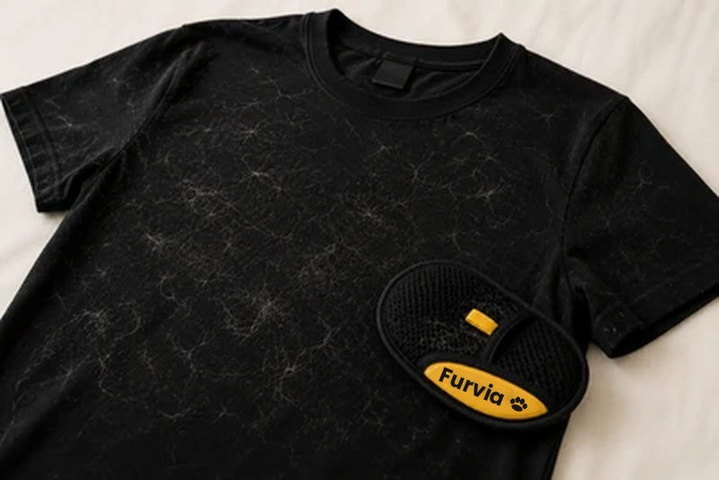 Furvia glove on a black t-shirt covered in pet hair