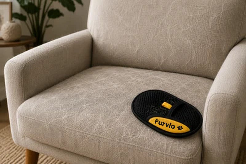 Furvia glove on a cream armchair covered in pet hair