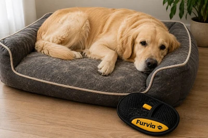 Furvia glove beside a golden retriever lying on a hairy pet bed