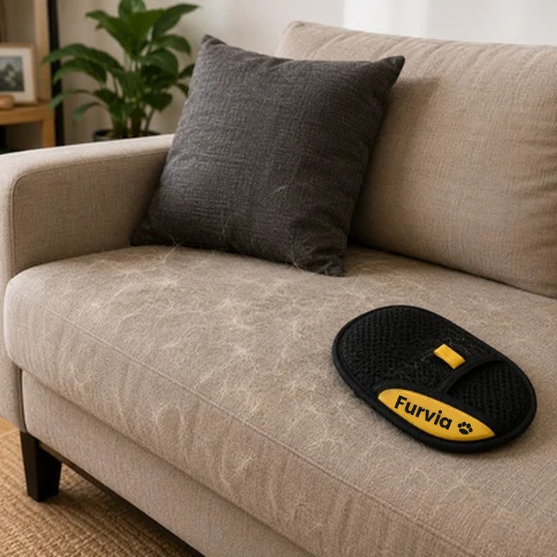 Furvia glove on a beige sofa covered in pet hair